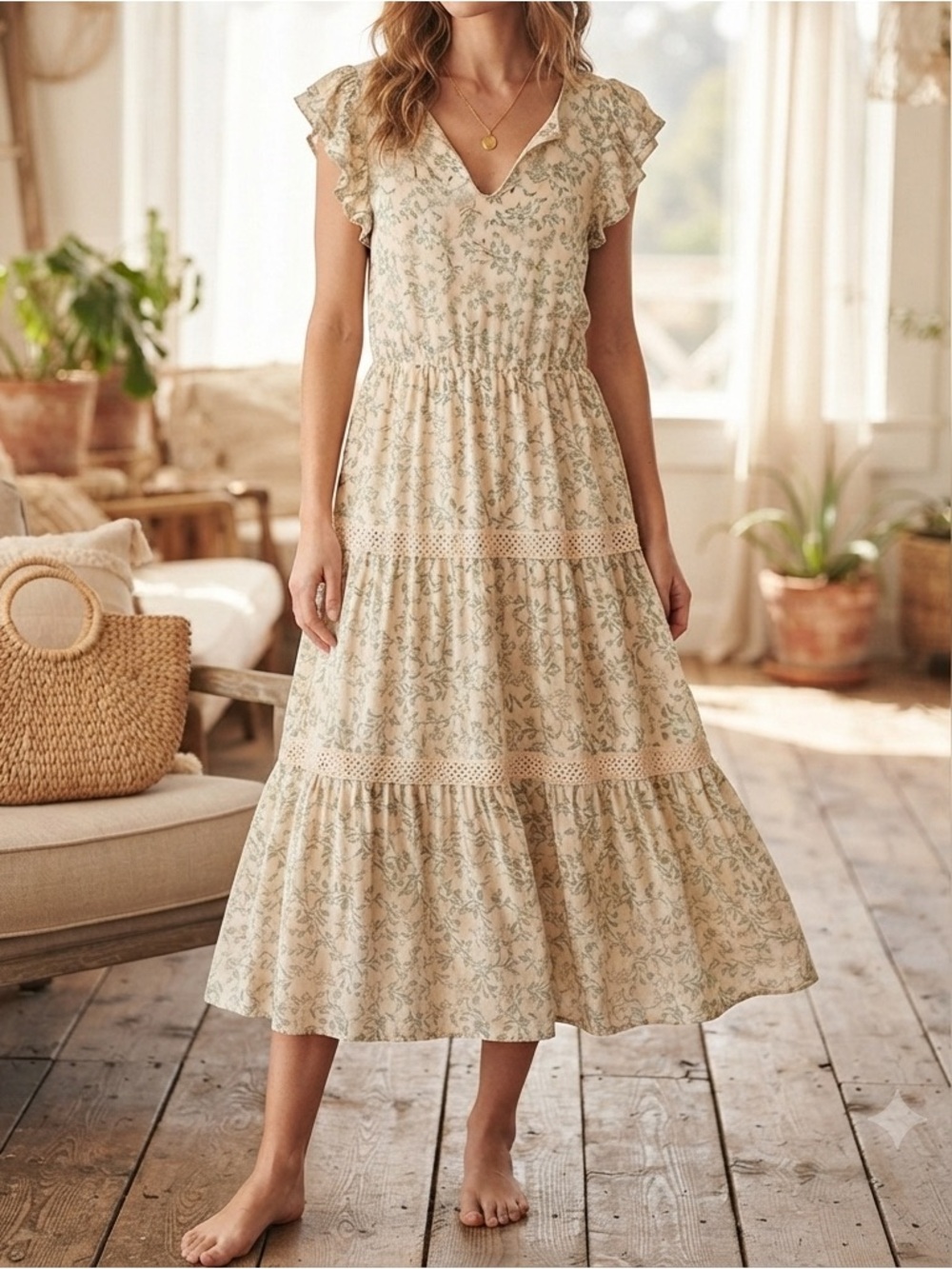 Lucky Brand Floral Tiered Midi Dress Ruffle Sleeve Crochet Lace Cream🩷